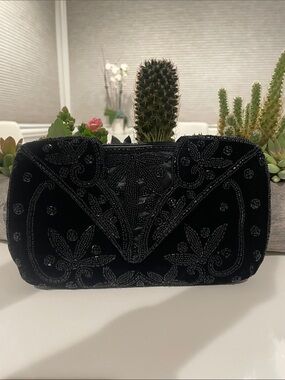 VINTAGE Black Velvet Hand-Beaded Envelope Evening Clutch Bag ~ Made In France